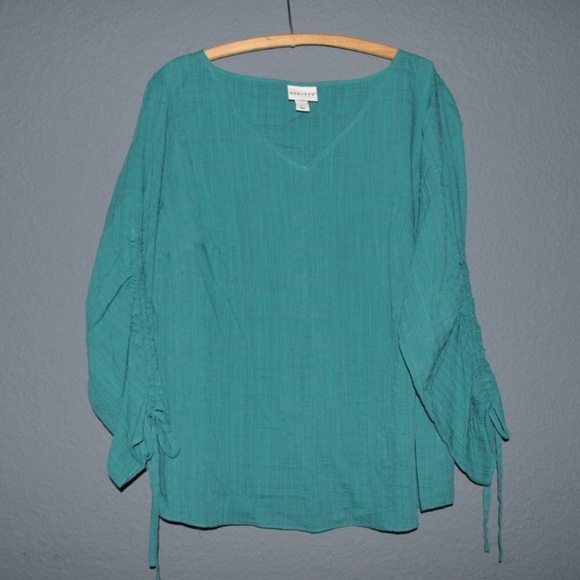 AVA + VIV Ruched Sleeve Turquoise Top - Picture 4 of 7